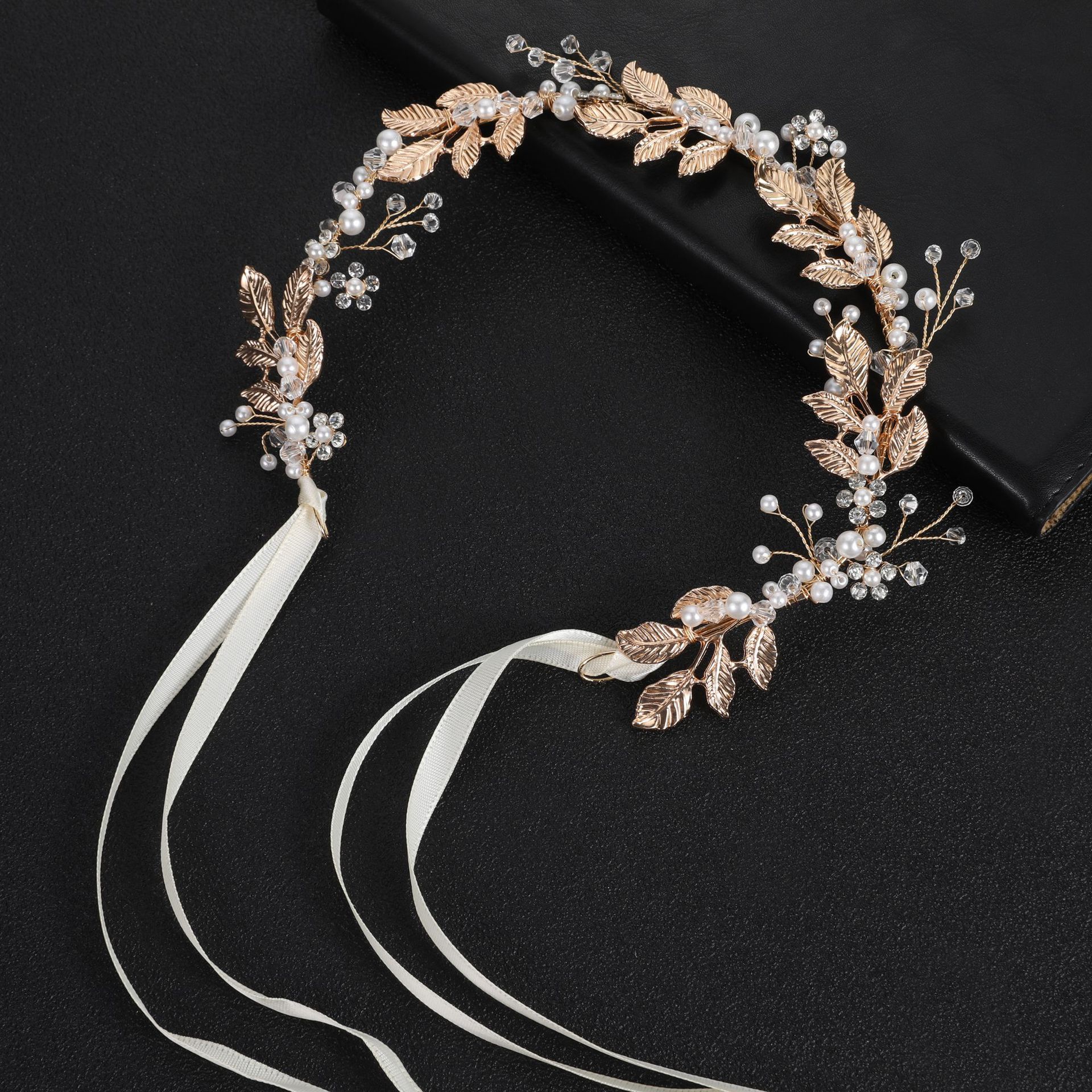 Gold Leaf Pearl Crystal Bridal Ribbon Hair Wreath for Wedding Prom Evening Formal Party Occasions - Image 2