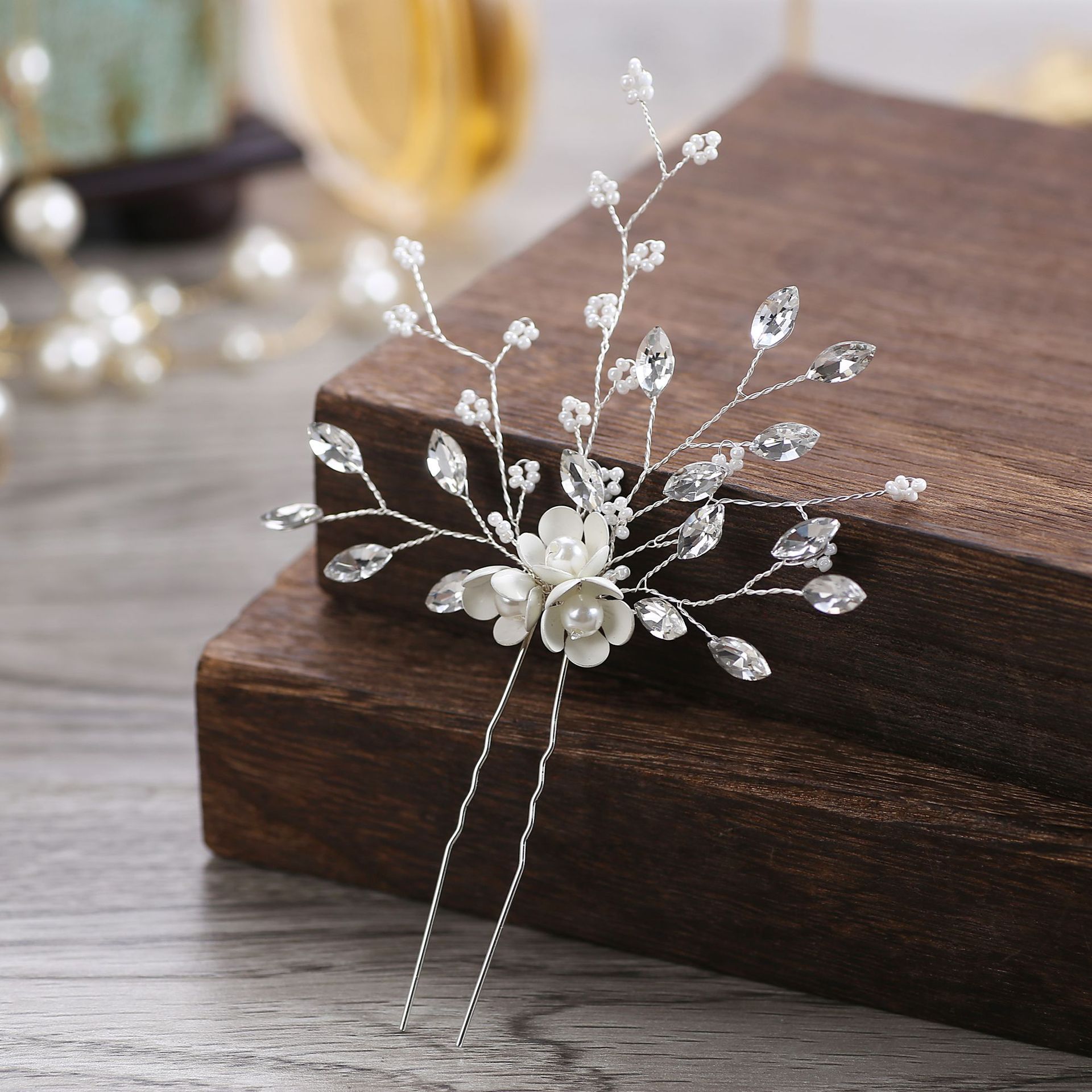 Elegant White Ceramic Flower Crystal Pearl Hair Pin for Banquet Photoshoot Wedding Updo Bridal Decor - Image 2