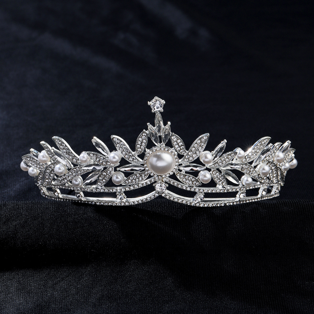 Silver‑Tone Leaf‑Shaped Crystal Pearl Bridal Tiara Crown Elegant Wedding Headpiece for Women Gift - Image 2