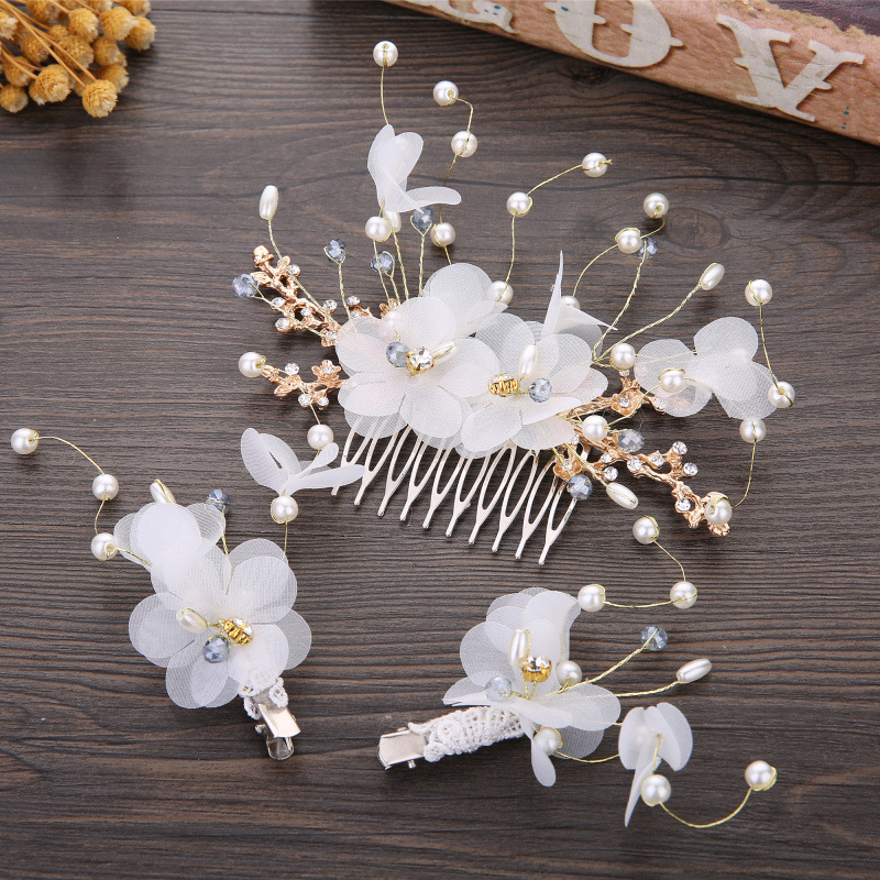Red Chiffon Flower Pearl Crystal Gold‑Wire Bridal Hair Comb And Clips Wedding Accessory Set for Women Gift - Image 2