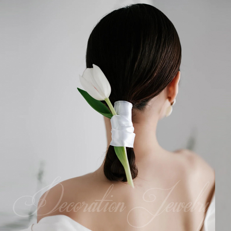 White Artificial Tulip Satin Ribbon Hair Tie Minimalist Bridal Ponytail Hair Accessory for Women Gift - Image 2