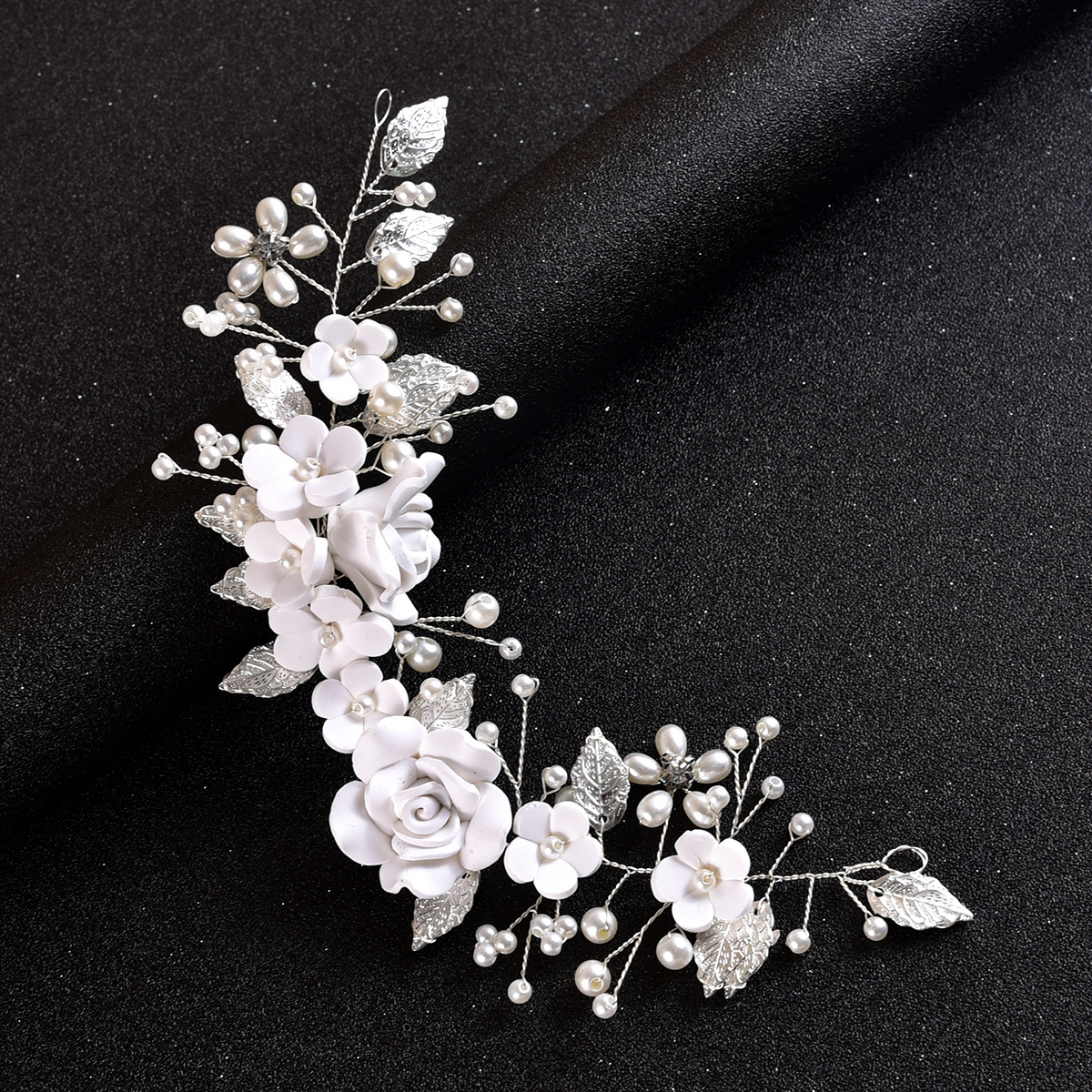 Vintage White Rose Floral Hair Vine Silver Wire Rhinestone Leaf Hair Accessory Bohemian Wedding Bridesmaid Side Hair Piece - Image 2