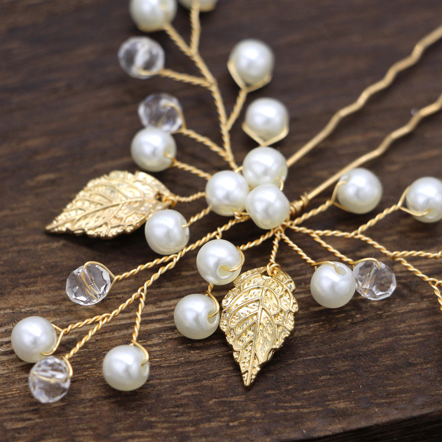 Silver Leaf Pearl Crystal Hairpin Set Bohemian Wedding Bridal U Shaped Hair Sticks - Image 2