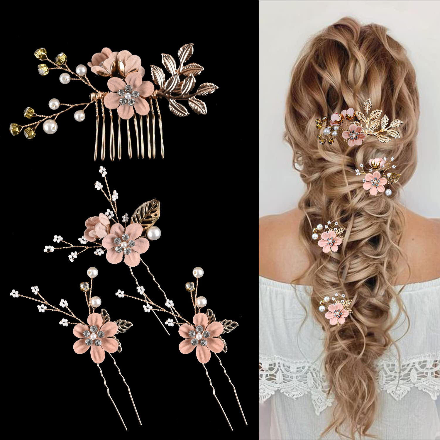 Dusty Blue Flower Pearl Hair Comb & Hairpin Set Bohemian Wedding Bridesmaid Hair Jewelry - Image 2