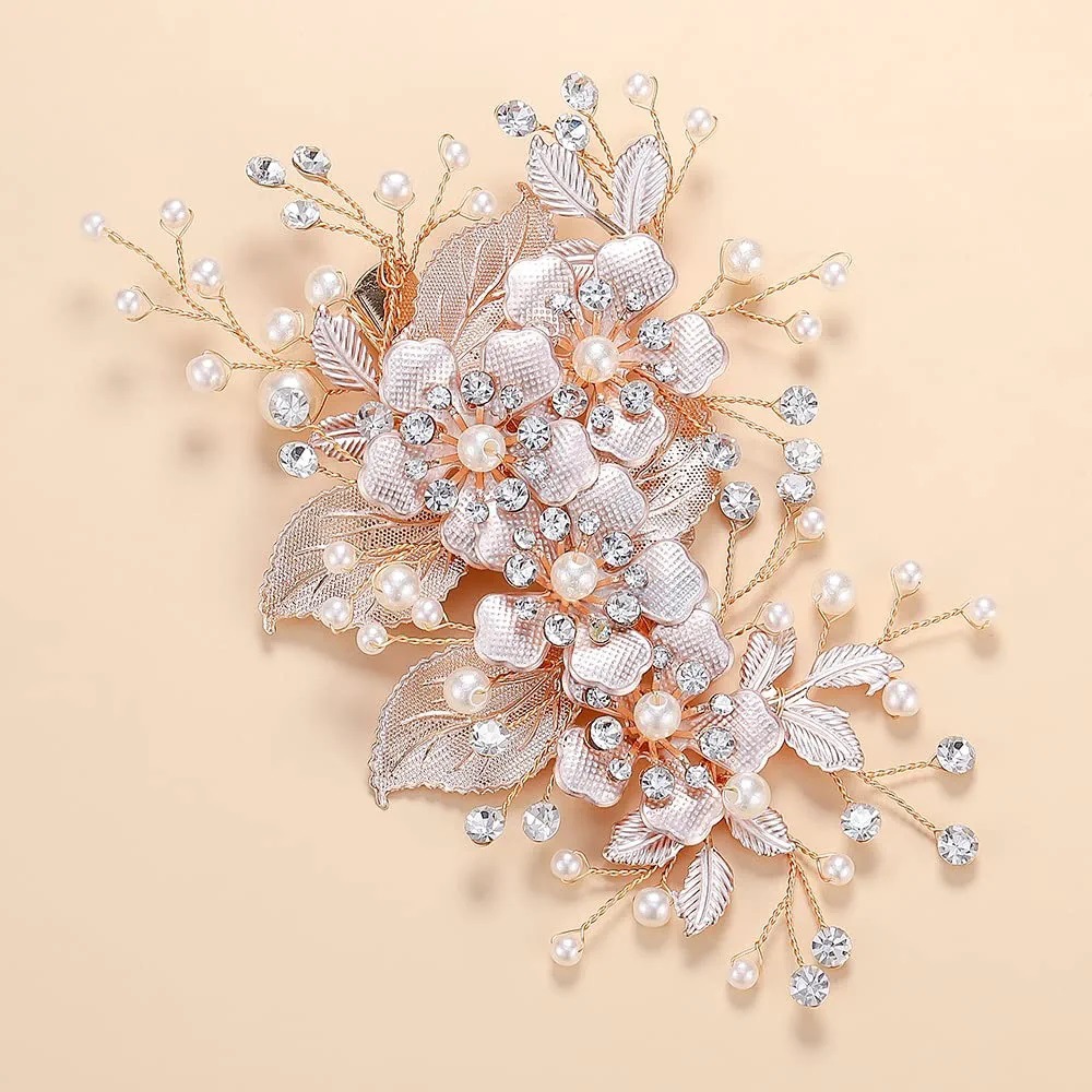 Rose Gold Pearl Crystal Leaf Hair Comb Bohemian Wedding Bridal Side Hair Jewelry - Image 2