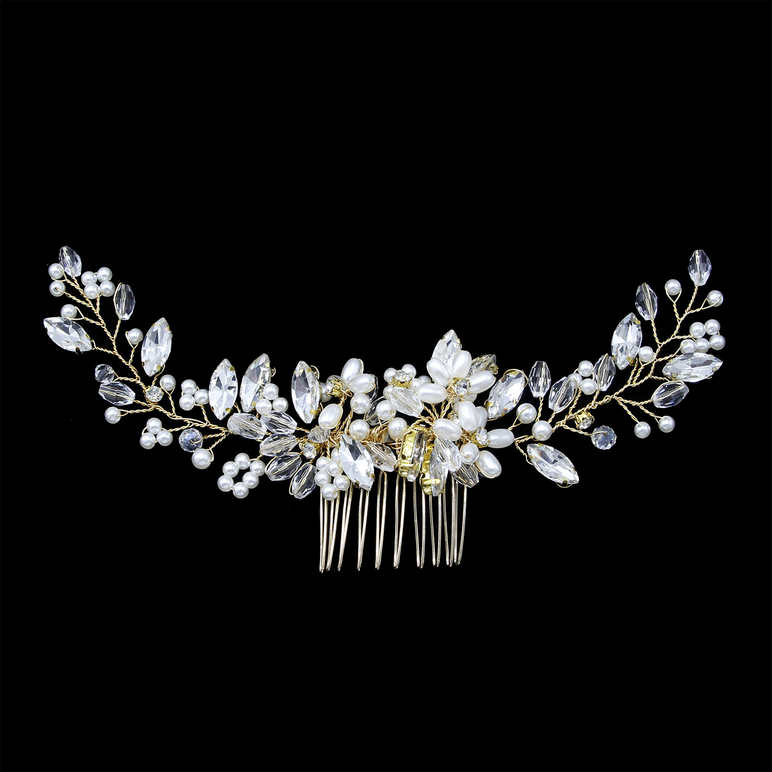 Gold Crystal Pearl Wedding Hair Comb Bridal Floral Hairpiece - Image 2