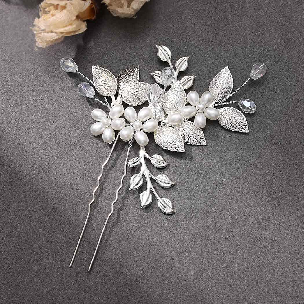 Handmade Vintage Silver Metal Leaf Branch Hair Pin with Pearl & Clear Crystal Elegant Bridal Updo Hair Fork for Wedding Prom - Image 2