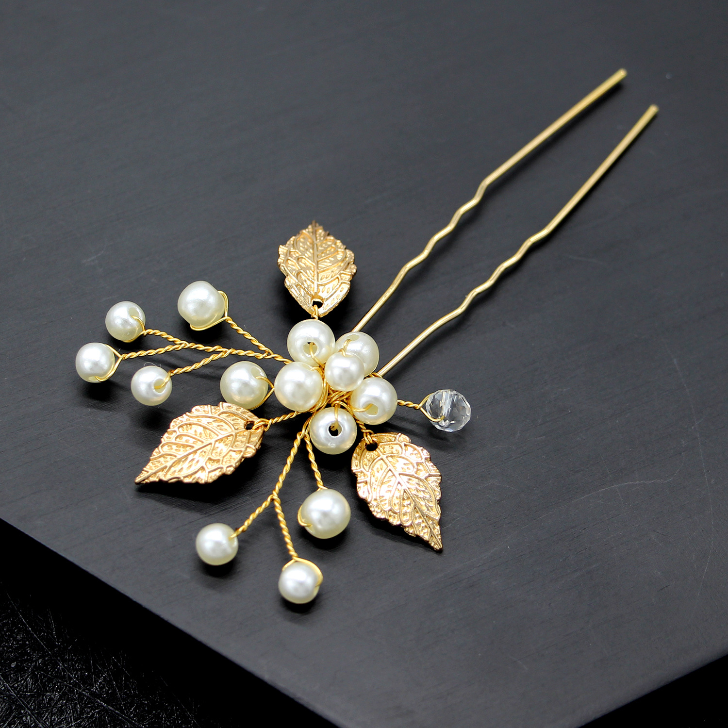 Golden Leaf Pearl Hairpin Bridal Wedding Hair Stick - Image 2
