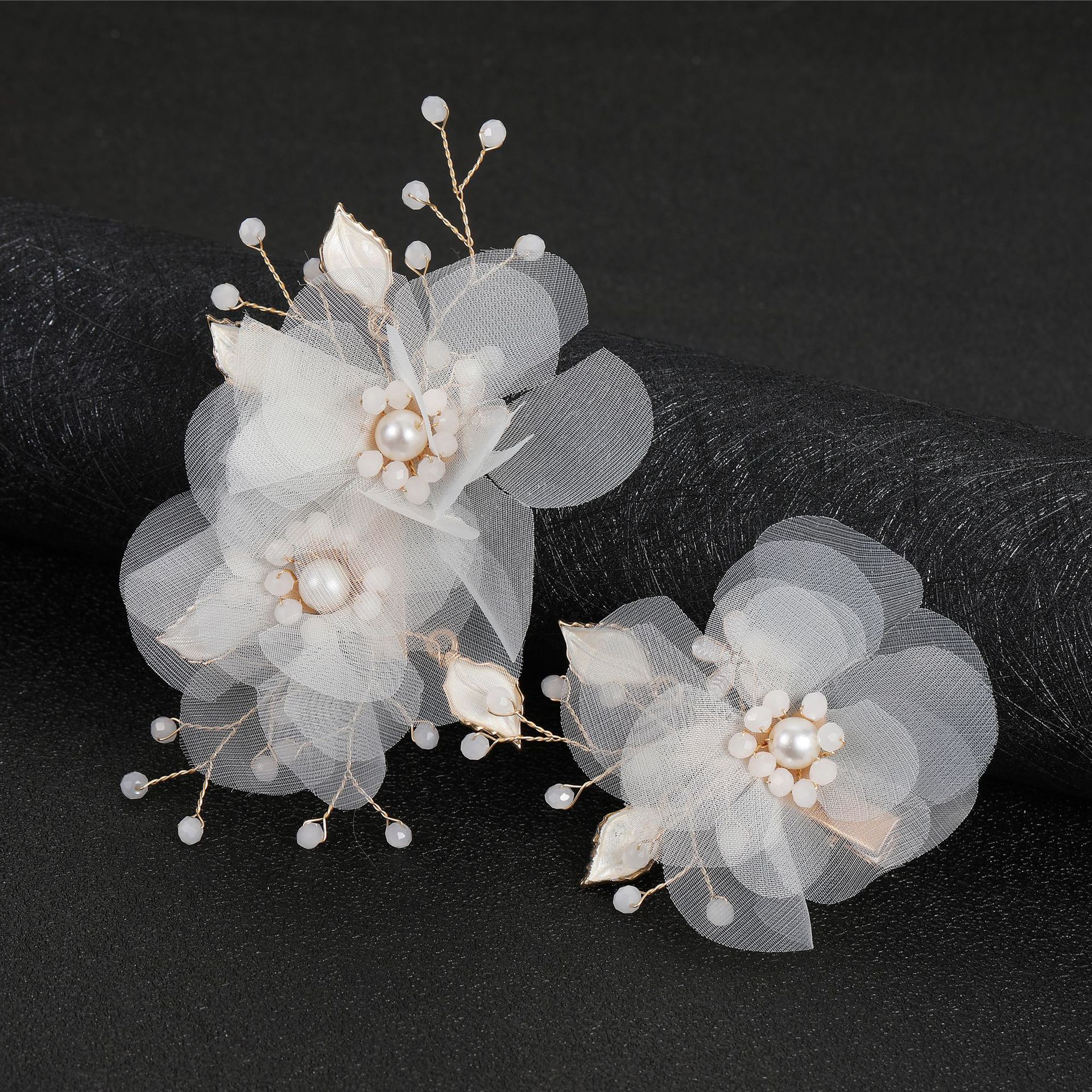 2Pcs White Tulle Flower Hair Pins, Sheer Fabric Floral Pearl Leaf Bridal Hair Clips Wedding Updo Hair Accessories Set - Image 2