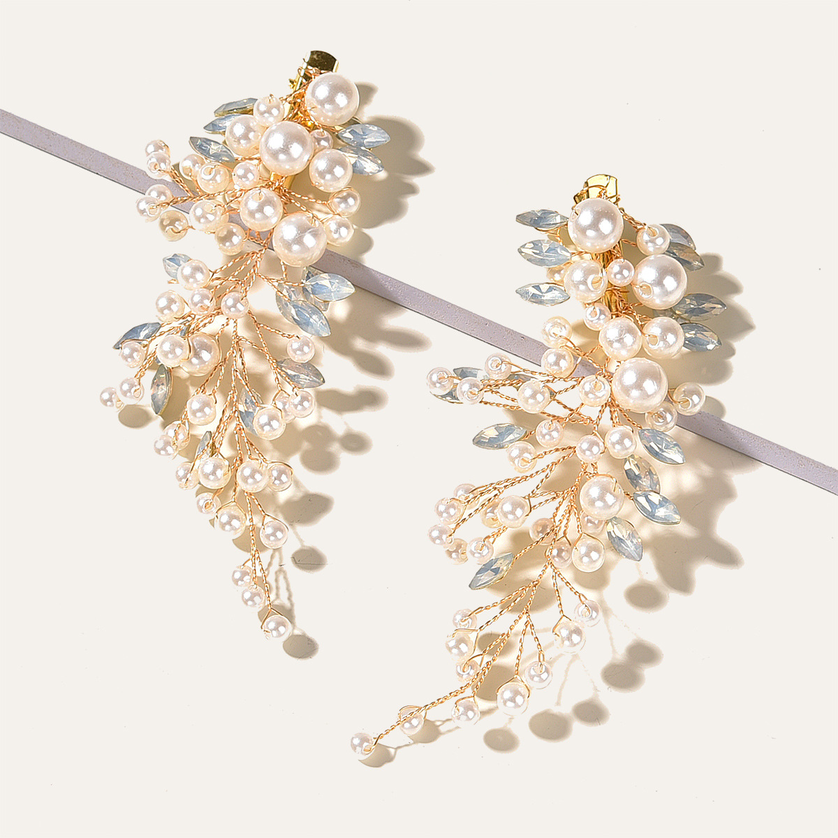 Pearl Blue Crystal Branch Hair Clips Gold Bridal Wedding Hairpin Pair - Image 2