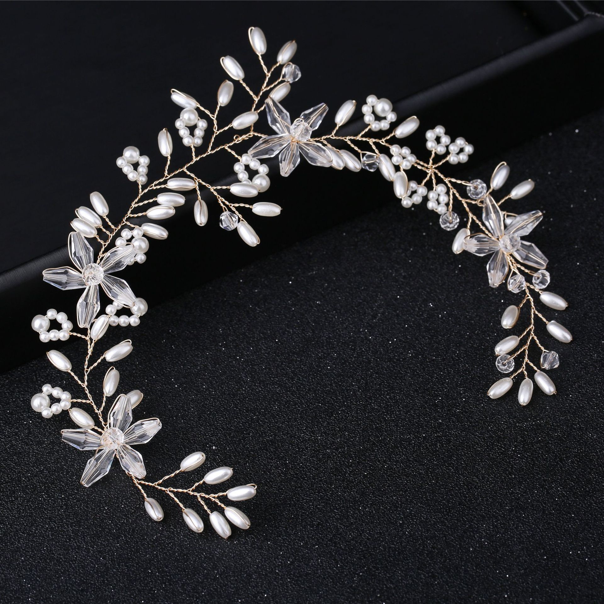 Pink Crystal Pearl Floral Hair Vine Rose Gold Wedding Headpiece - Image 2