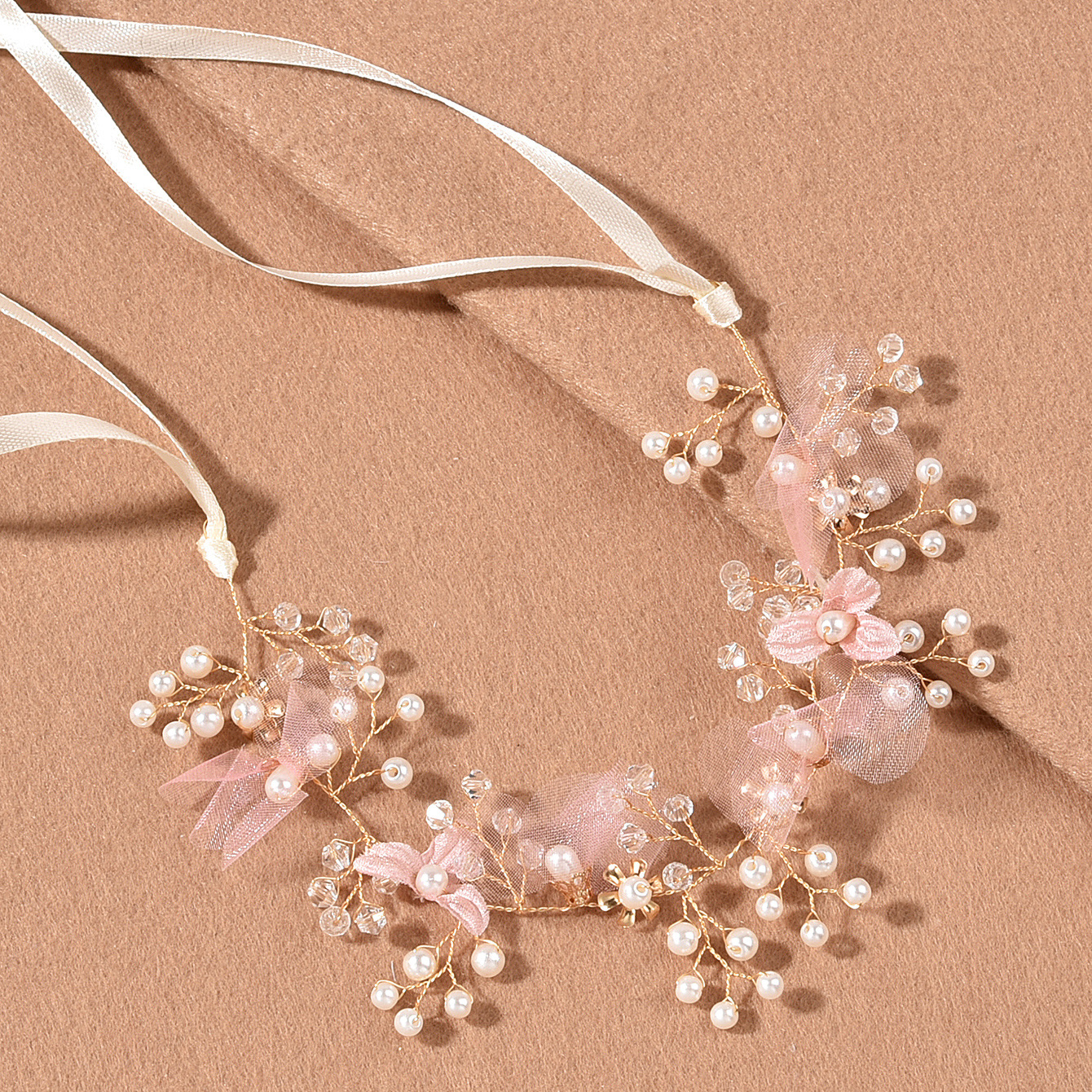Blush Pink Tulle Flower Pearl Ribbon Bridal Headband, Adjustable Floral Wedding Hair Wreath - Image 2