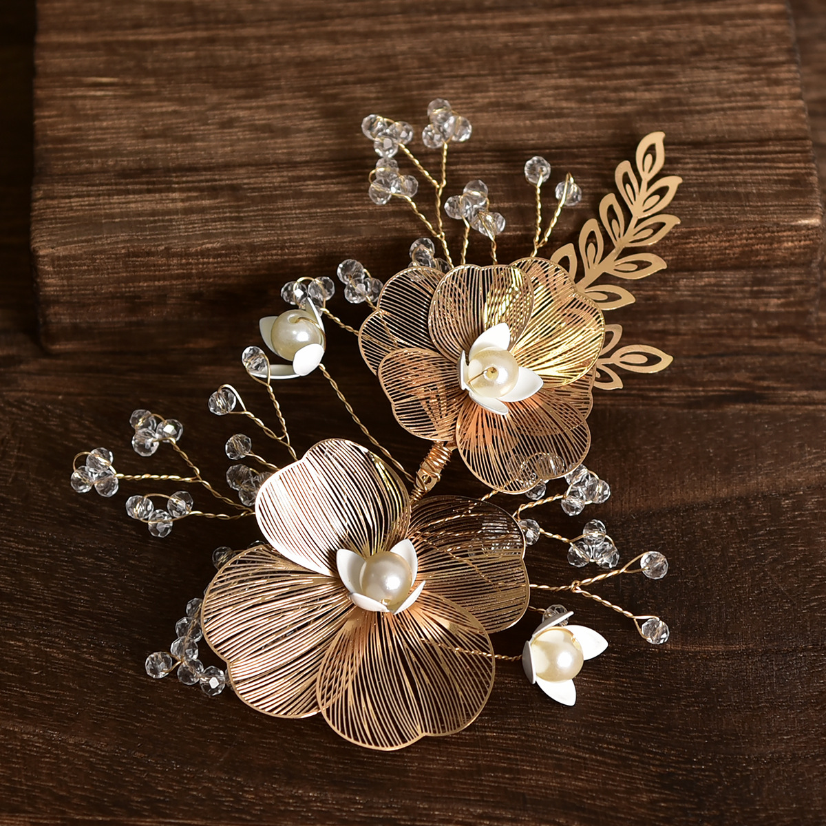 Gold Wire Floral Pearl Crystal Bridal Hair Clip Vintage Wedding Side Hair Accessory - Image 2