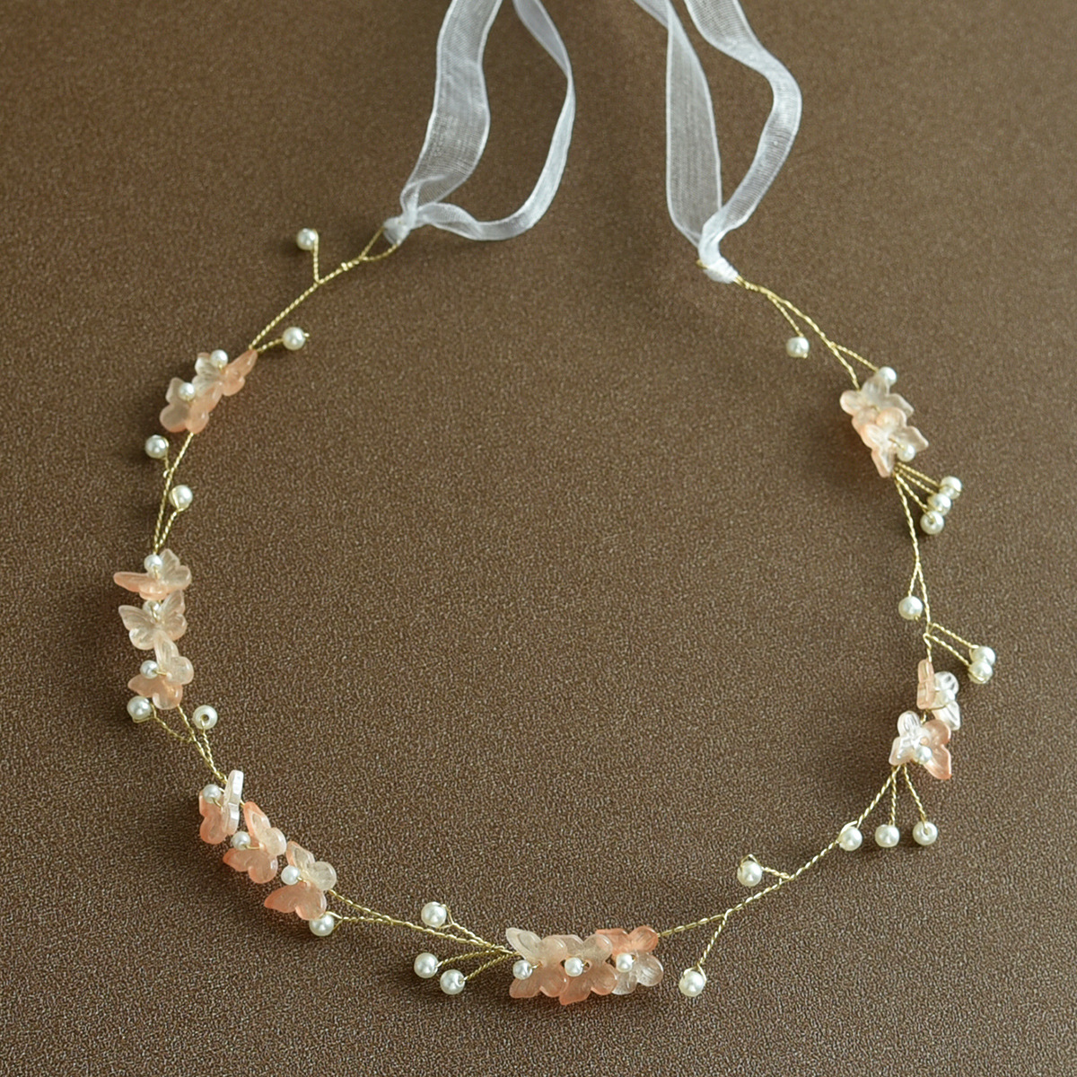 Blush Pink Flower Pearl Gold Hair Vine with Sheer White Ribbon Bridal Headband - Image 2
