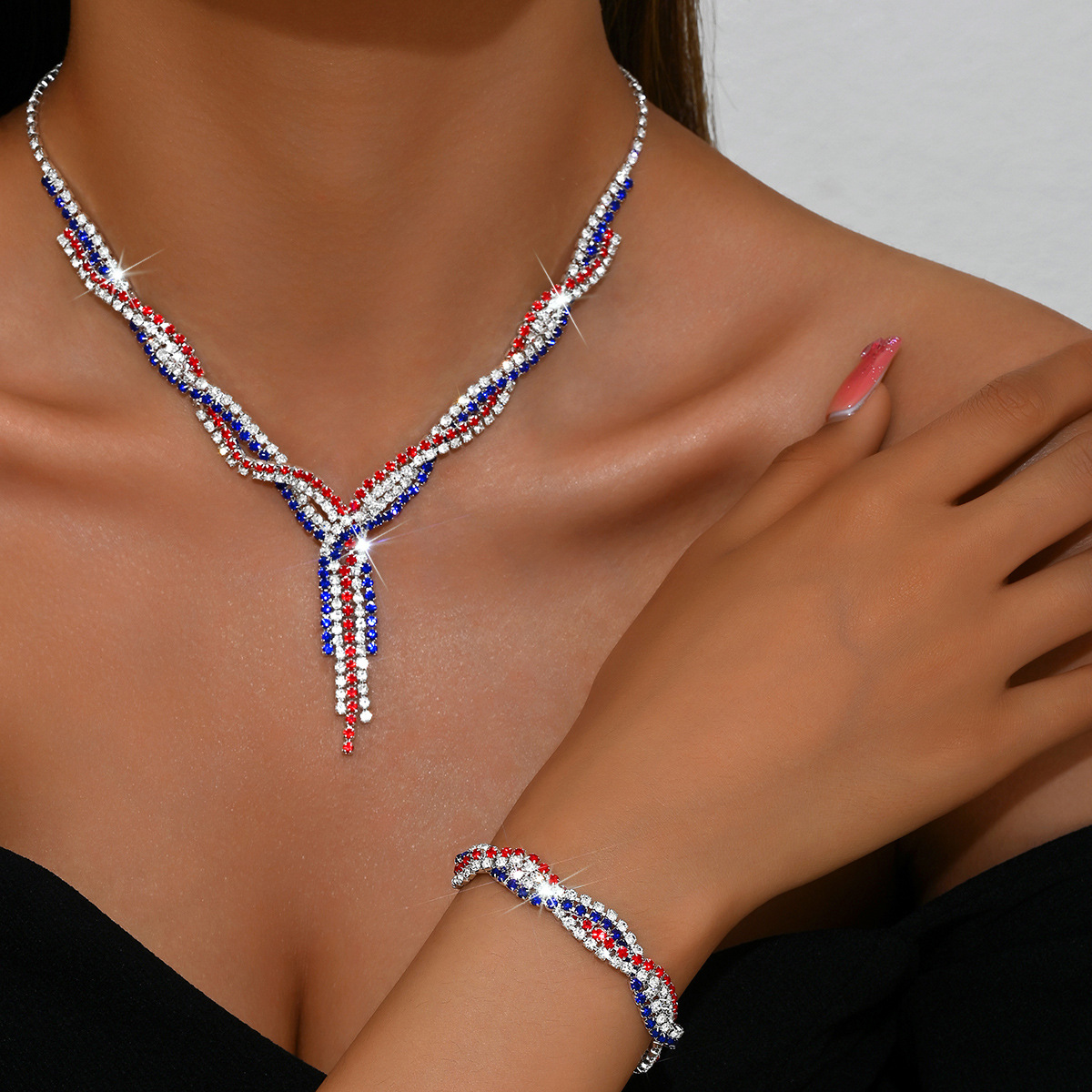Twisted Tassel Dangle Full Rhinestone Three Pieces Formal Jewelry Set For Women Party Occasions - Image 3