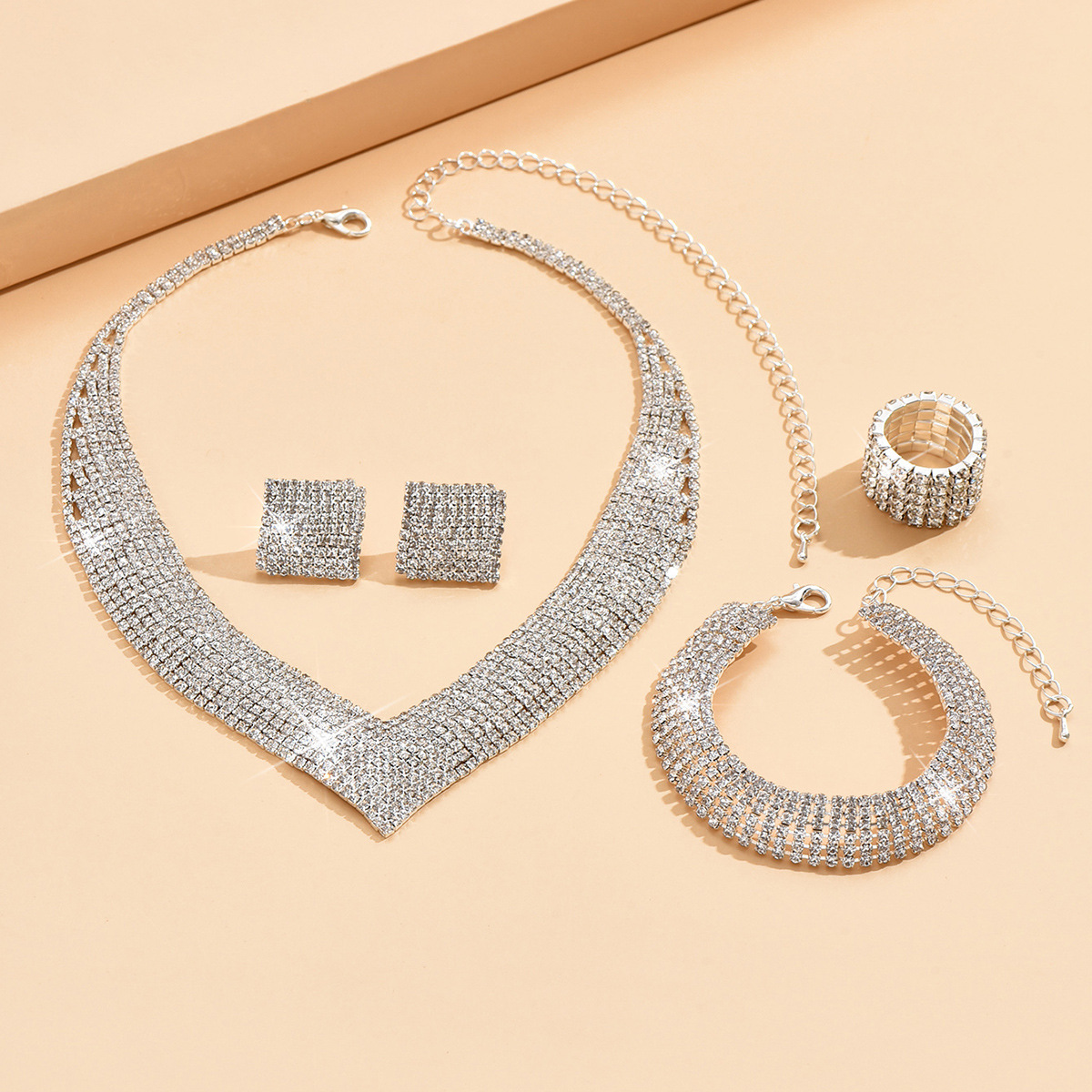 Square Rhinestone V Shape Four Pieces Full Paved Jewelry Set For Women Formal Party Events - Image 4