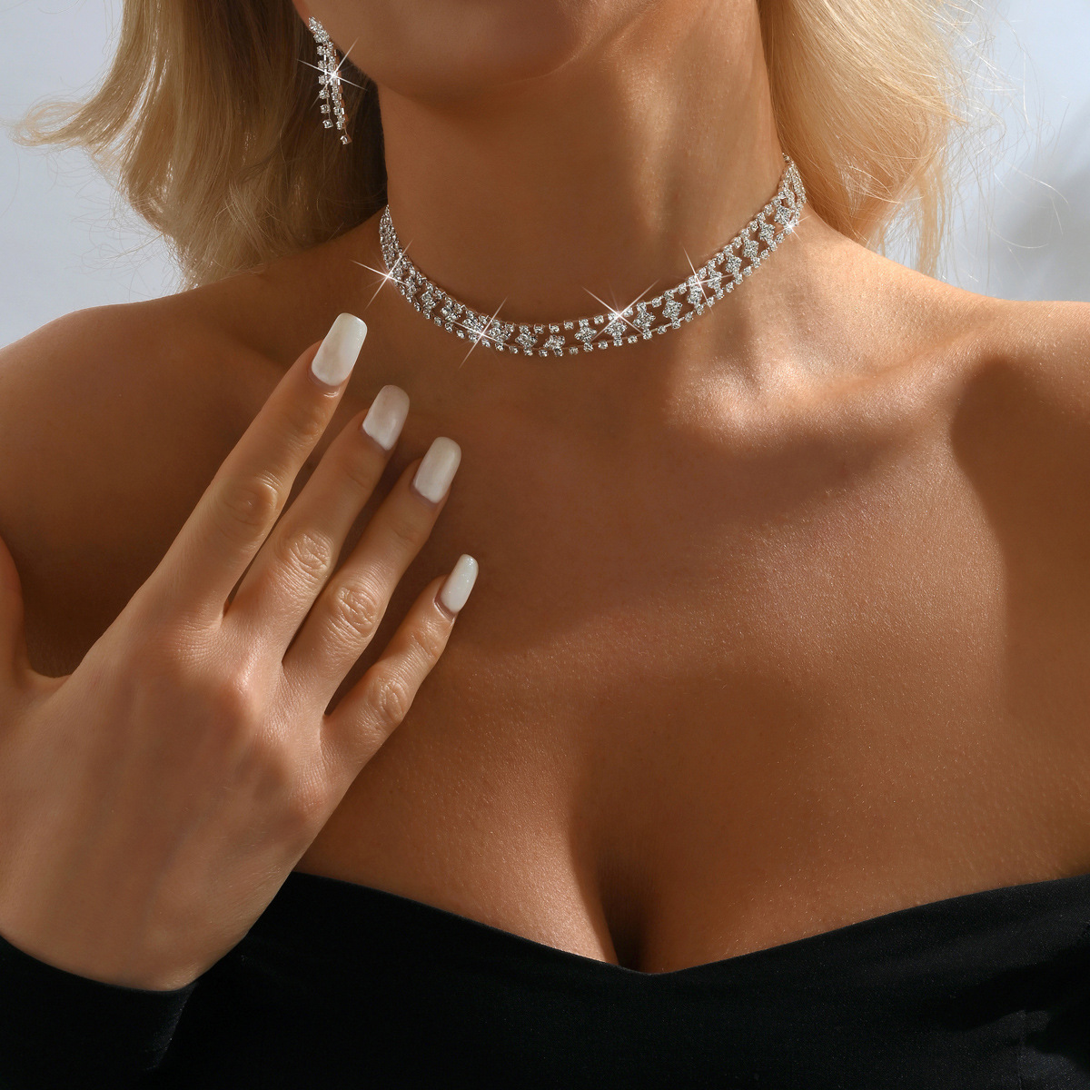 Glamorous Rhinestone Inlaid Choker Dangle Drop Earring Elegant Party Jewelry Accessory Set - Image 3