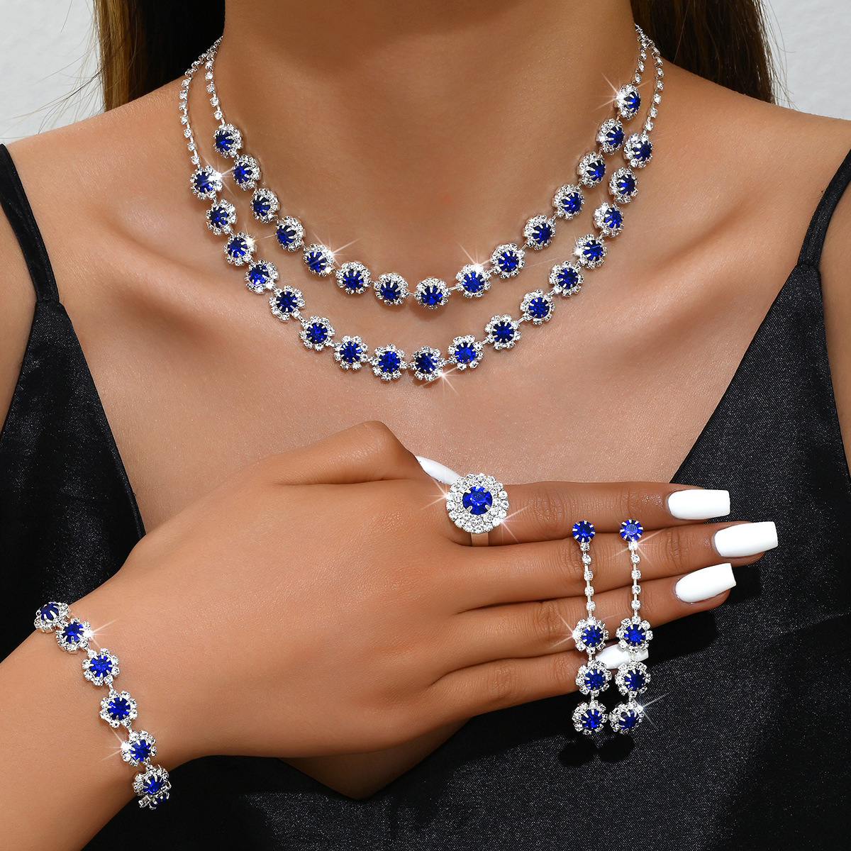 Sparkling Floral Cluster Necklace Bracelet Earrings Women Formal Occasion Jewelry Complete Set - Image 5
