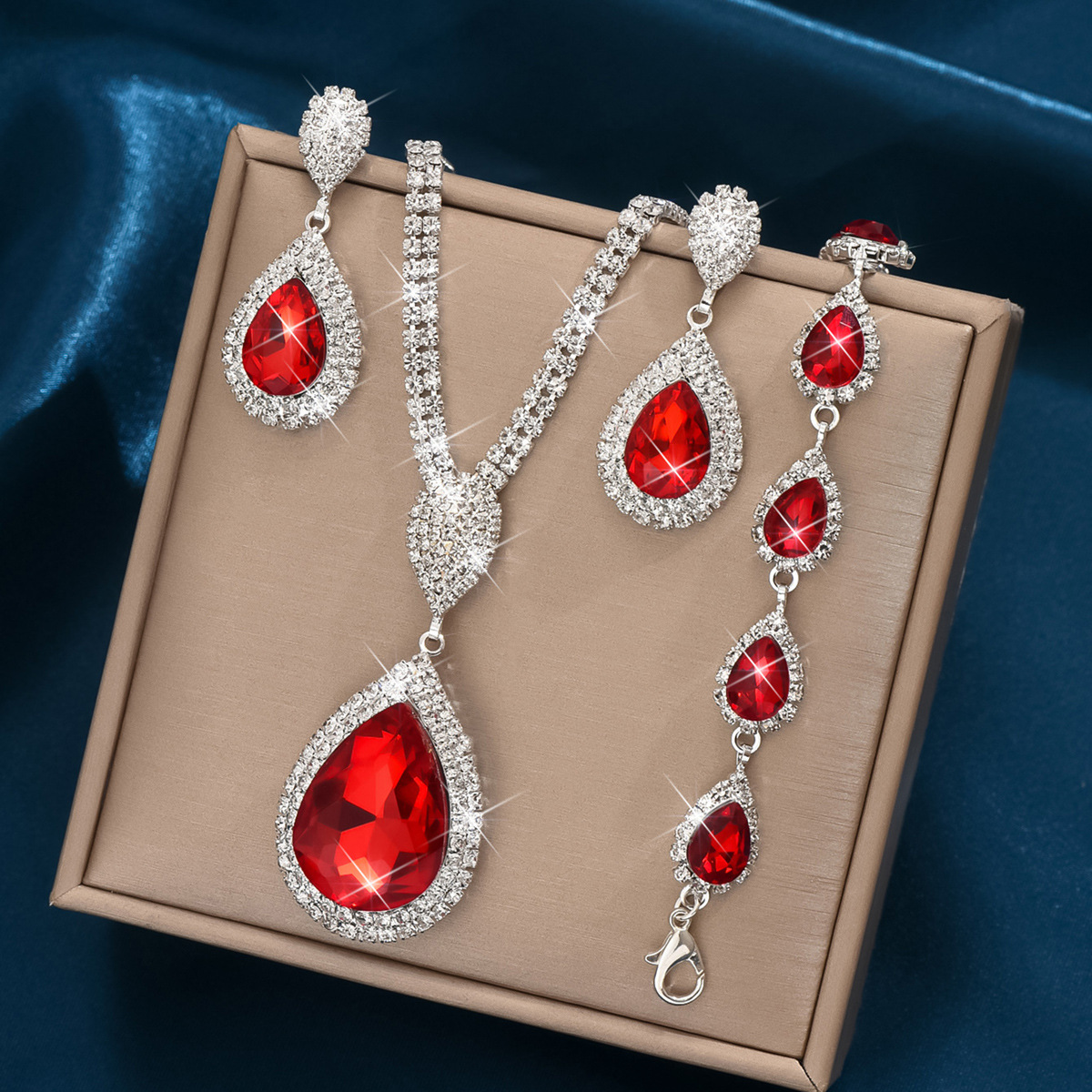 Pear Shape Halo Gem Pendant Necklace Bracelet Drop Earrings Women Luxury Gala Jewelry Matching Set - Image 4