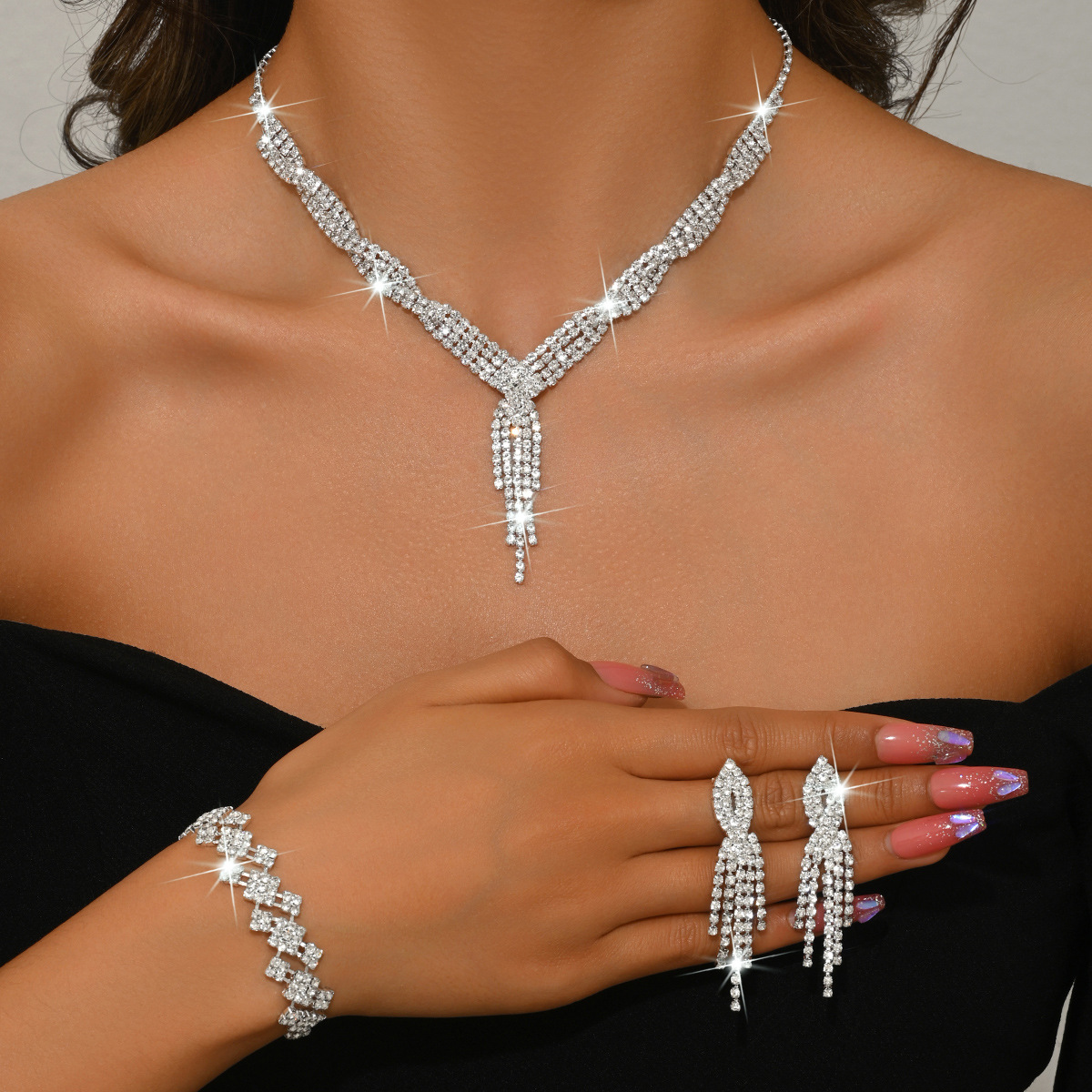 Tassel Fringe Y Drop Necklace Bracelet Long Dangle Earrings Women Pageant Evening Jewelry Full Set - Image 5