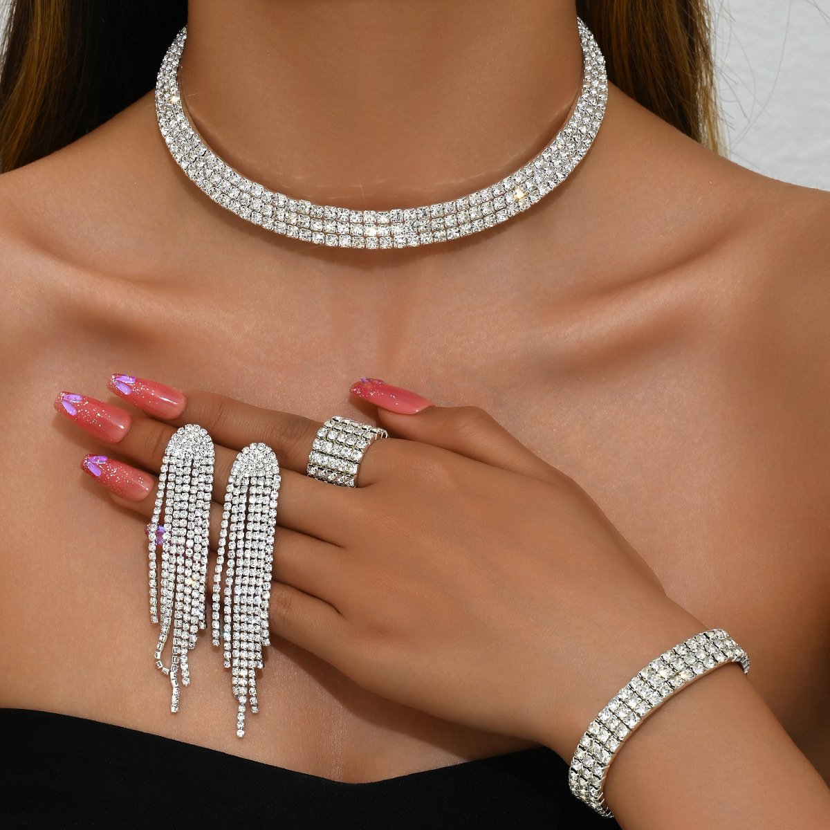 Multi Row Paved Choker Bracelet Stack Ring Long Tassel Drop Earrings Women Pageant Jewelry Full Set - Image 2