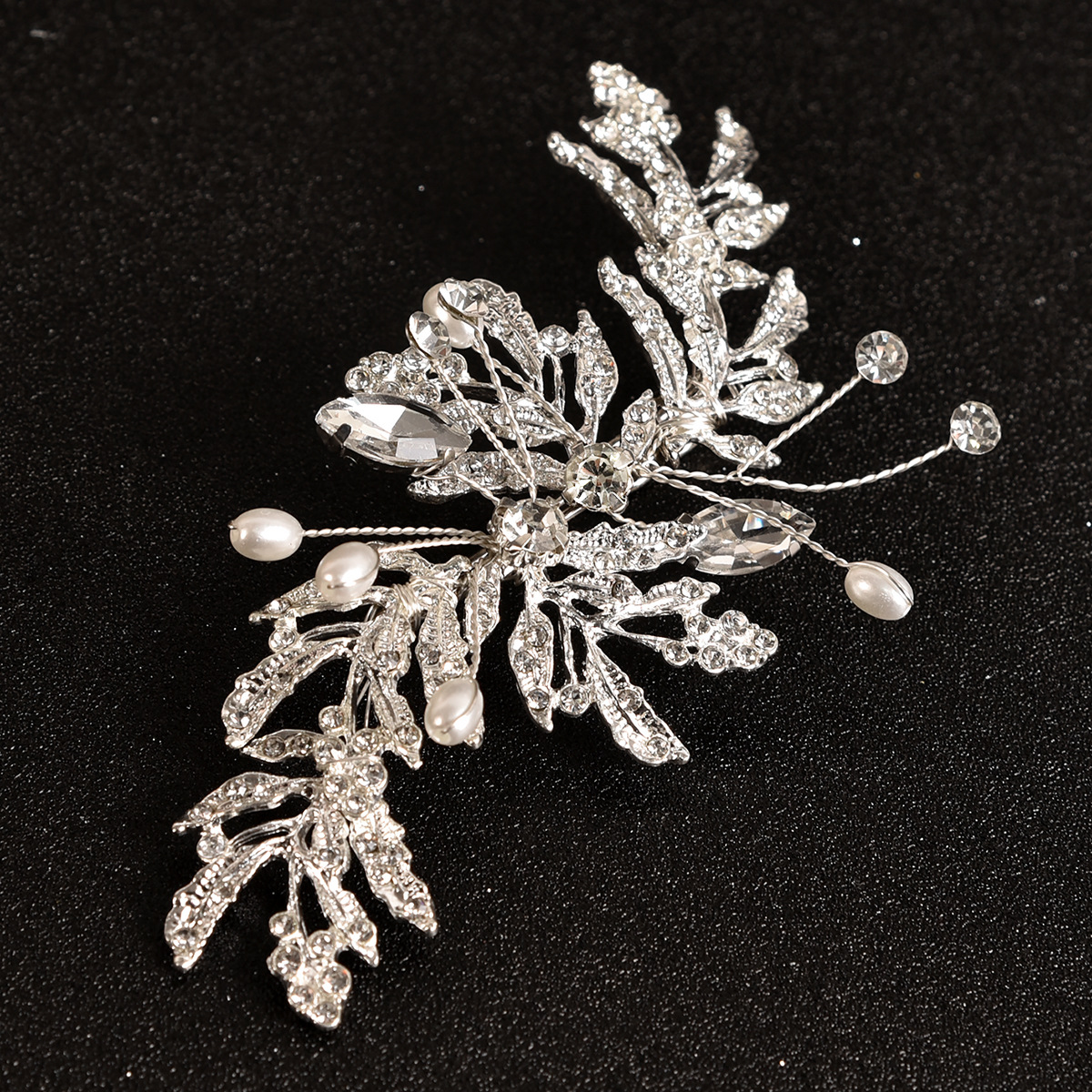 Silver Leaf Rhinestone Pearl Bridal Hair Clip Wedding Accessory for Women Brides and Ladies - Image 2