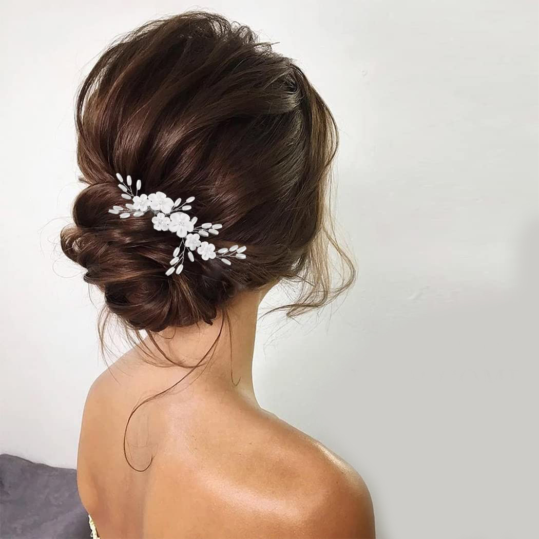 Silver Wire White Flower Pearl Bridal Hair Clip Wedding Accessory for Women Brides and Ladies - Image 2