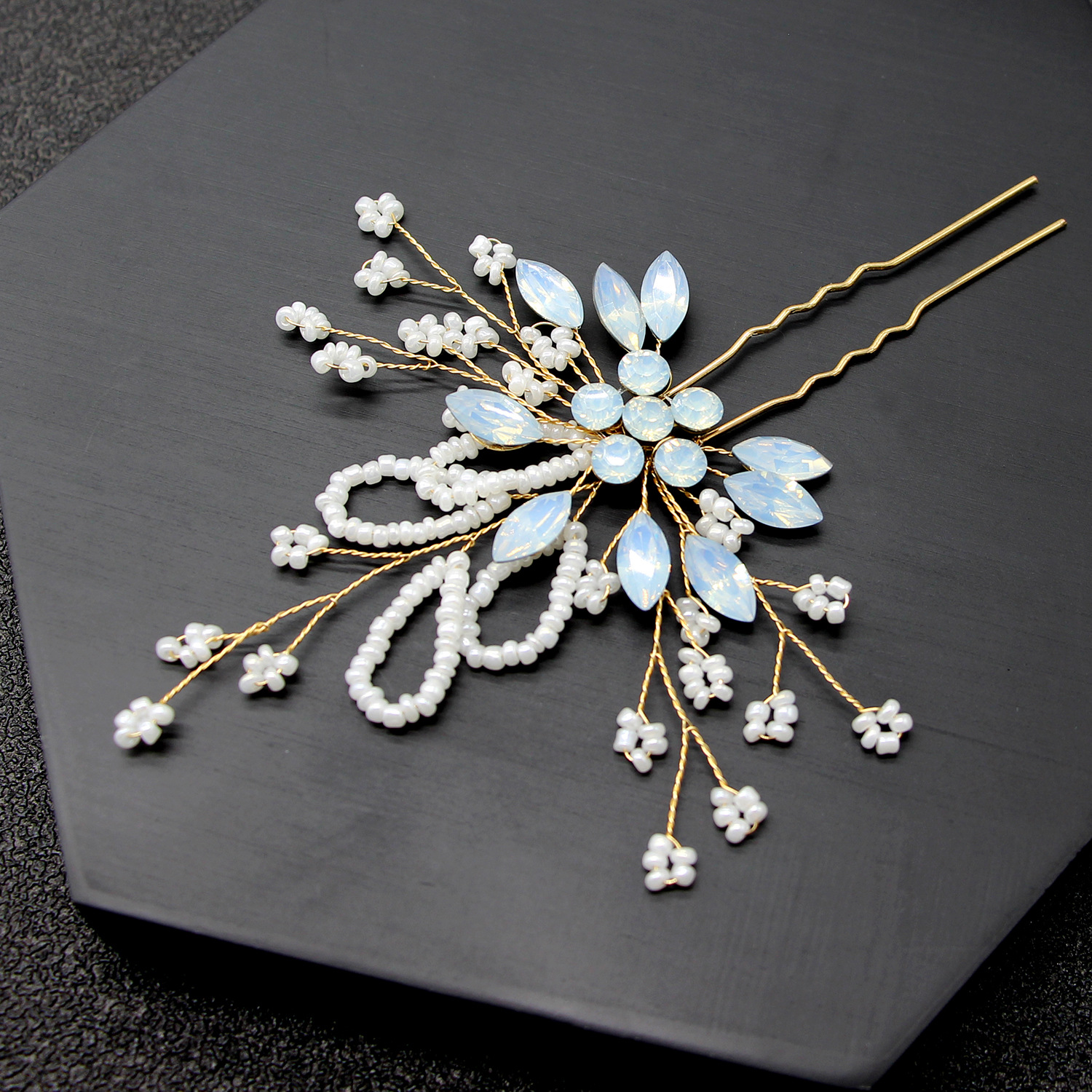 Opal Crystal Beaded Gold Hair Fork Bridal Wedding Women Elegant Hair Decor - Image 2