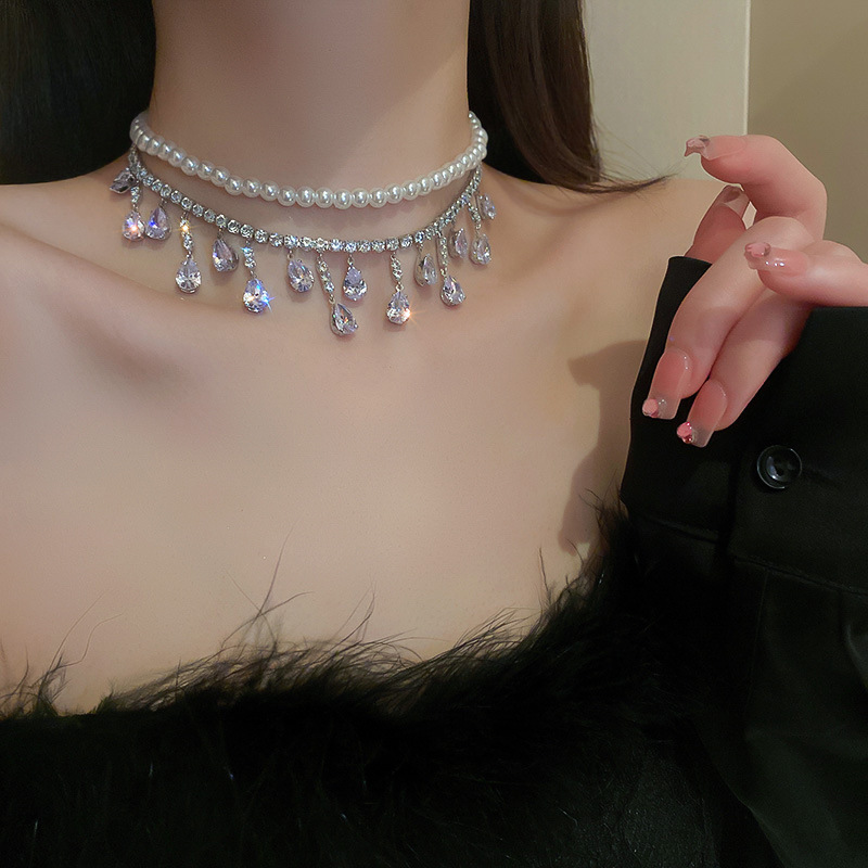 Double Layer Pearl Teardrop Rhinestone Choker Women Formal Party Necklace - Image 2