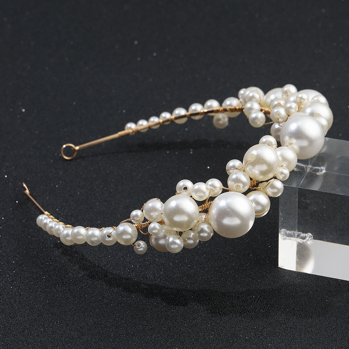 Gold Wire Multi Size Faux Pearl Headband Bridal Wedding Hair Band for Women - Image 2