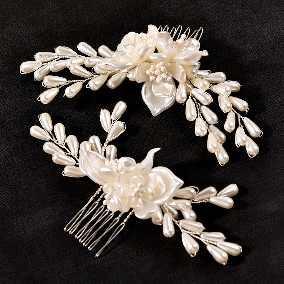 White Teardrop Pearl Floral Hair Comb Set Bridal Wedding Hair Accessories for Women - Image 2