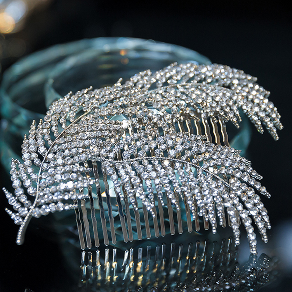 Silver Rhinestone Feather Leaf Hair Comb Bridal Wedding Party Hair Accessory for Women - Image 2