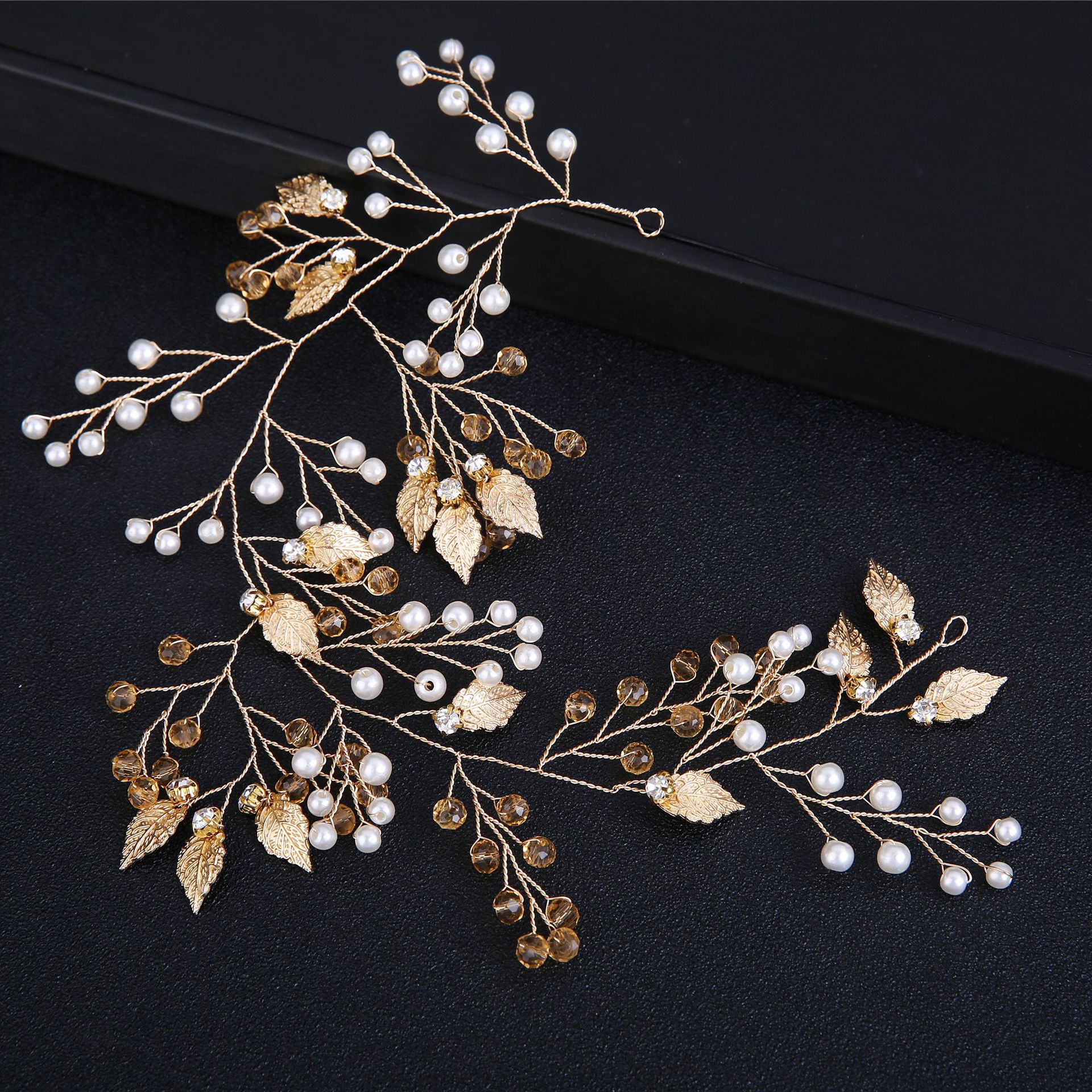 Gold Wire Pearl Crystal Leaf Branch Hair Comb Bridal Wedding Hair Accessory for Women - Image 2