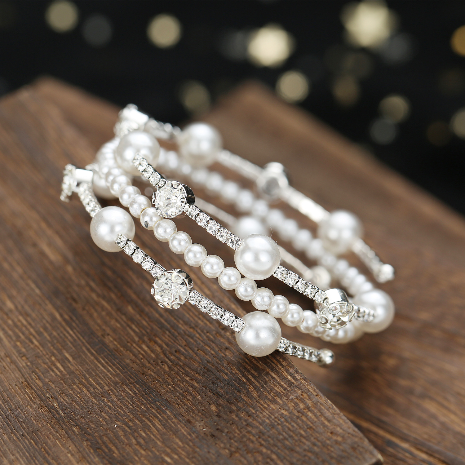 Gold Multi Layer Pearl Rhinestone Cuff Bracelet Bridal Wedding Jewelry for Women - Image 2