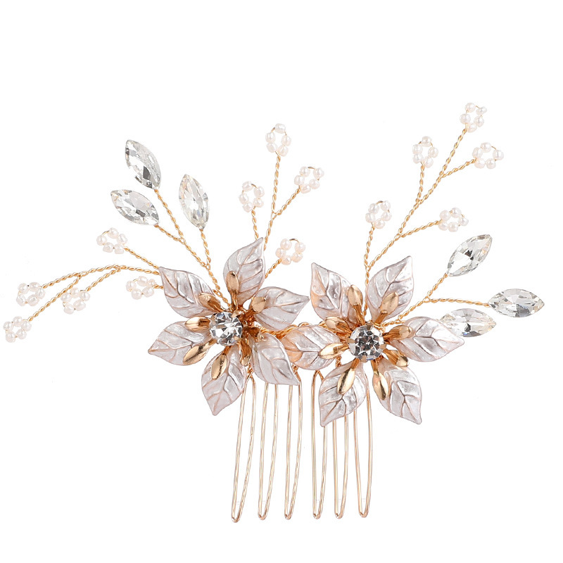 Gold Flower Crystal Pearl Hair Comb Bridal Wedding Hair Accessory for Women - Image 3