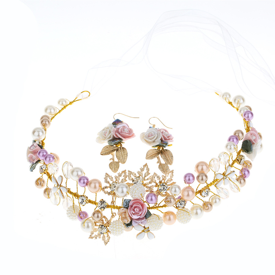 Gold Floral Pearl Crystal Bridal Headband with Matching Drop Earrings Set - Image 3
