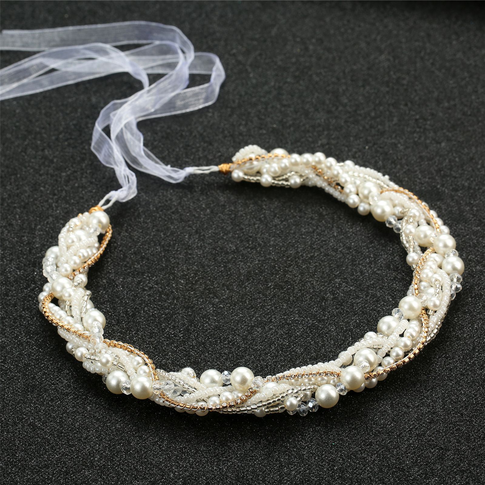 Handmade Multi Strand Pearl Crystal Bridal Headband With White Organza Ribbon Wedding Party Women Accessory - Image 3