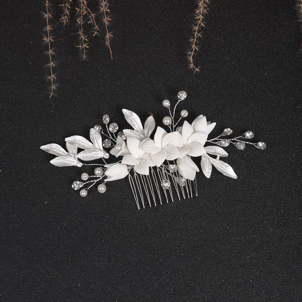 Handmade Gold Leaf White Ceramic Flower Pearl Crystal Bridal Hair Comb Wedding Women Formal Accessory - Image 3