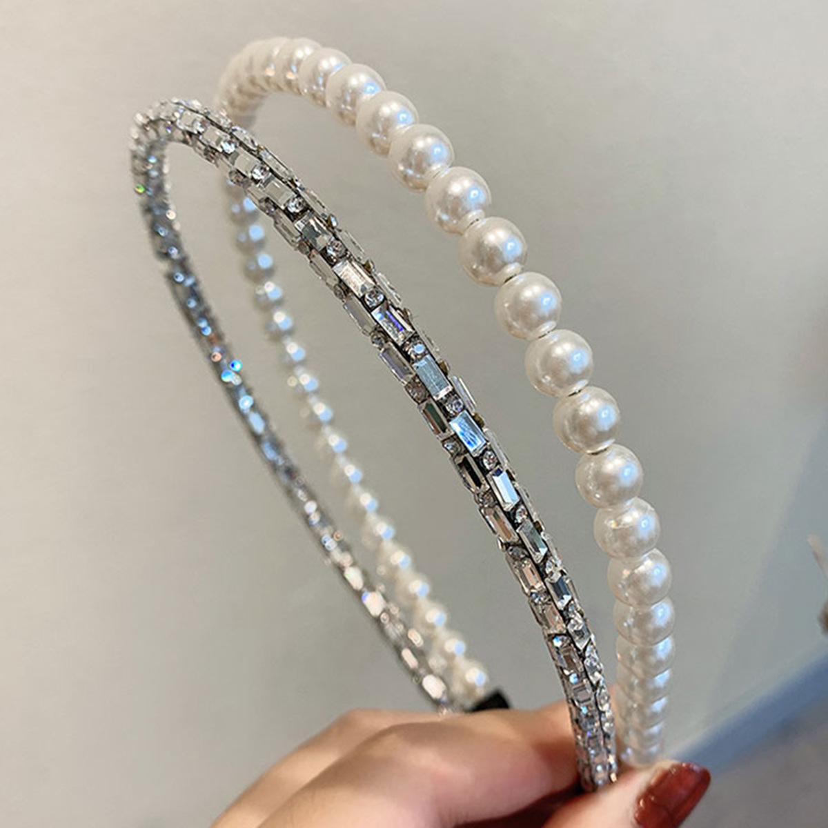 Thin Silver Rhinestone Pearl Beaded Headband Women Daily Wedding Party Elegant Fashion Hair Band Accessory - Image 3