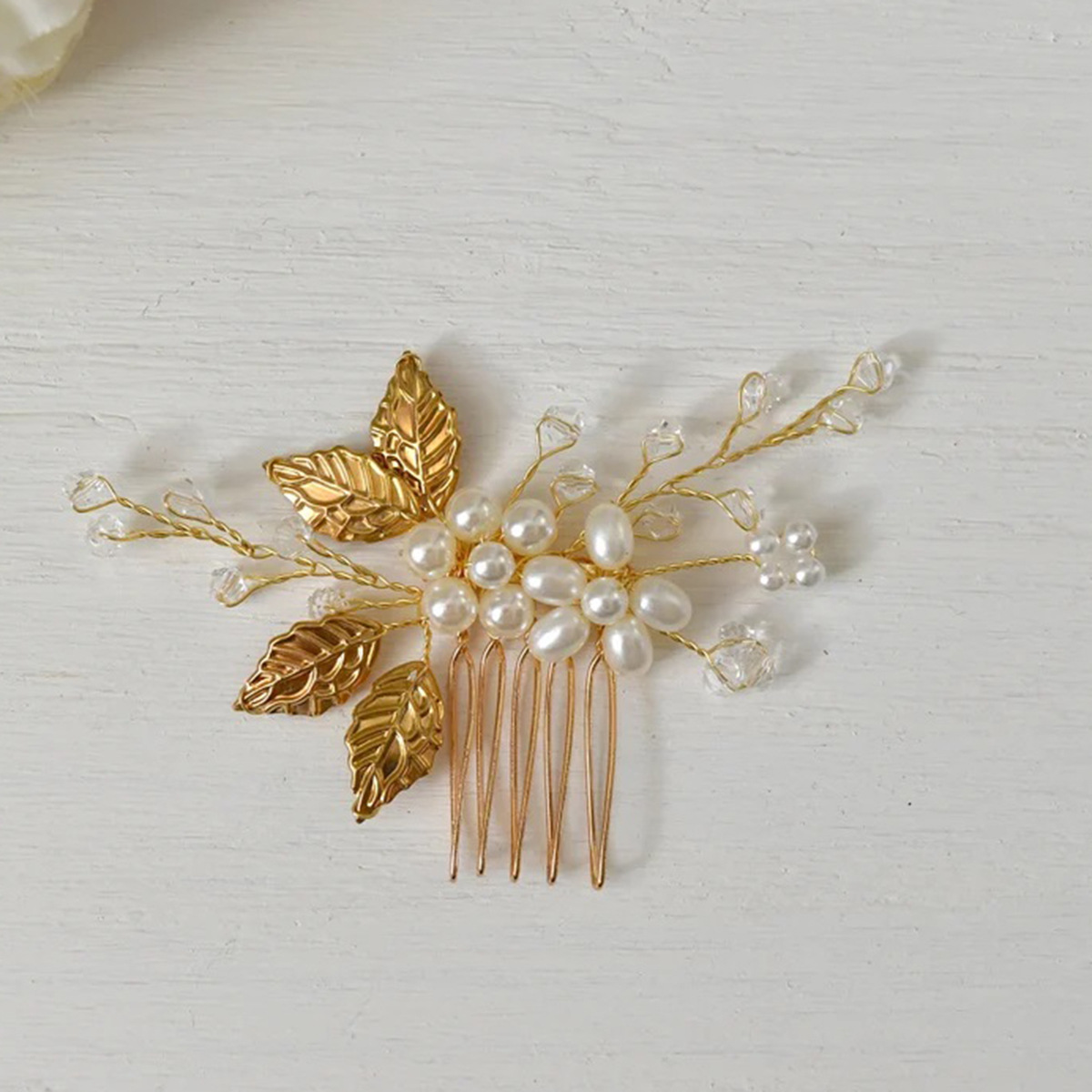 Gold Leaf Pearl Floral Bridal Hair Comb Wedding Women Formal Evening Party Handmade Hair Accessory - Image 3