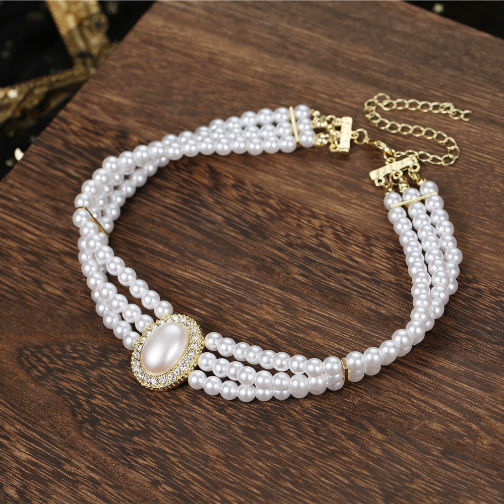 Multi Strand Pearl Choker Necklace Oval Crystal Gold Bridal Wedding Women Formal Vintage Party Jewelry - Image 3