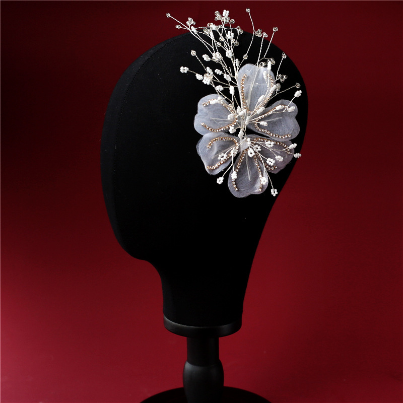Sheer Fabric Flower Pearl Bridal Hair Clip Wedding Women Formal Boho Handmade Floral Hair Accessory - Image 3