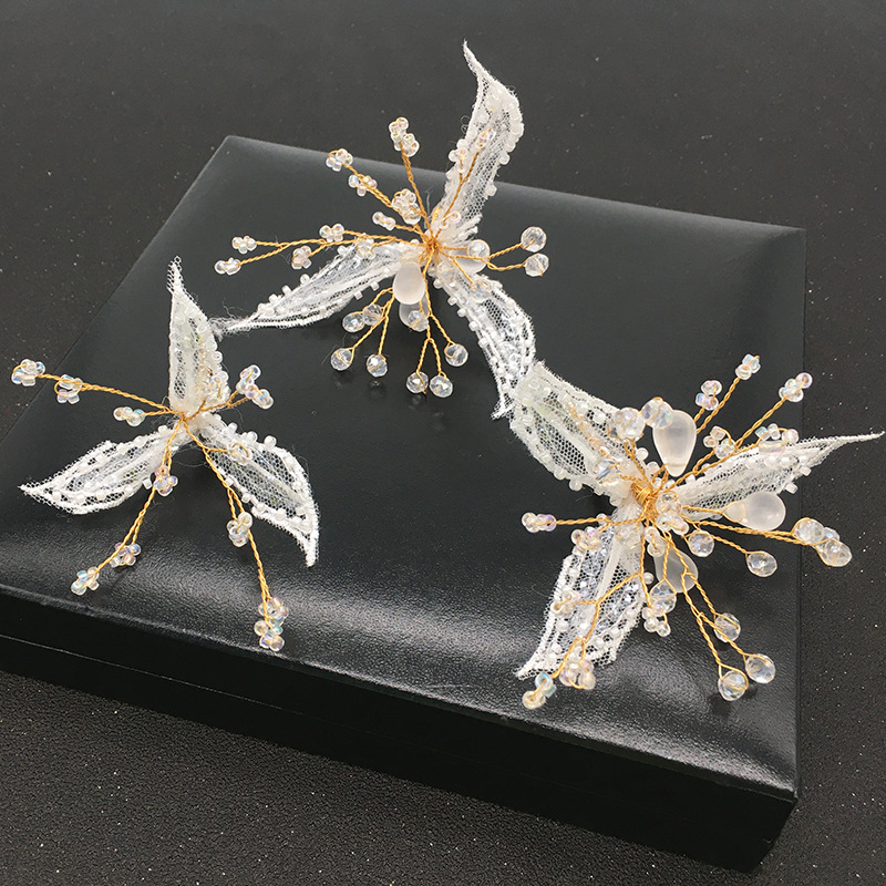 Lace Butterfly Crystal Beaded Bridal Hair Pins Set Wedding Women Formal Boho Handmade Hair Accessory - Image 3