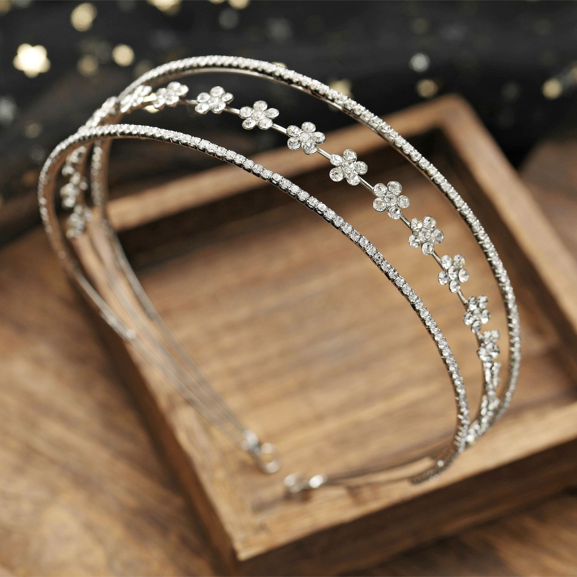 Silver Double Band Rhinestone Flower Bridal Headband Wedding Women Delicate Sparkly Thin Formal Party Tiara - Image 3
