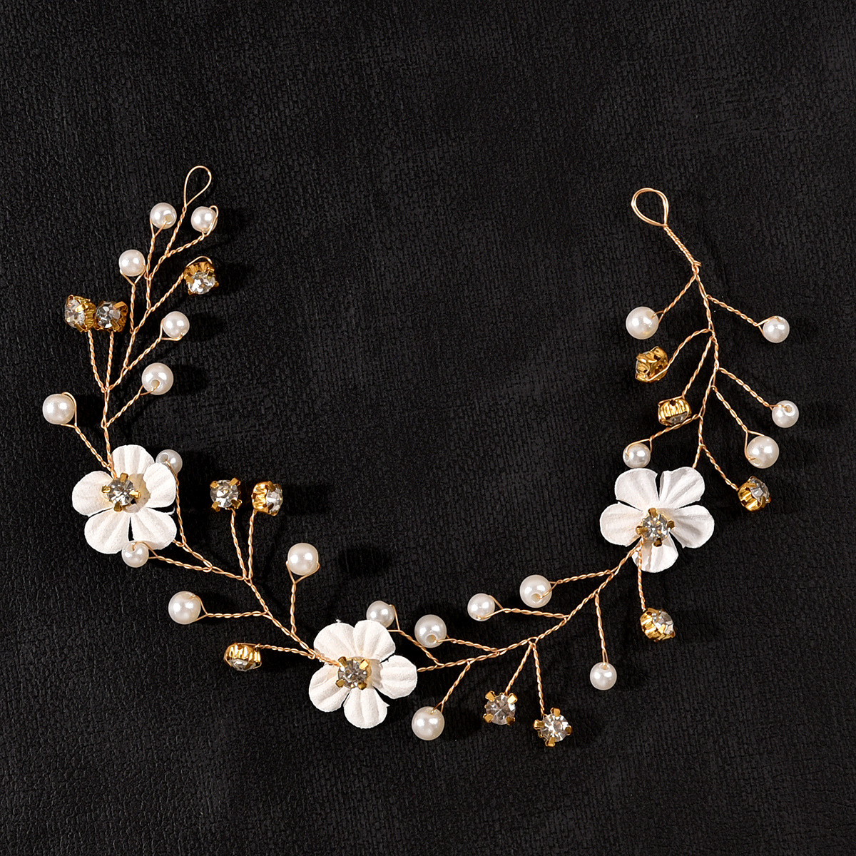 Gold White Flower Pearl Crystal Bridal Hair Vine Wedding Women Delicate Handmade Side Formal Headpiece - Image 3