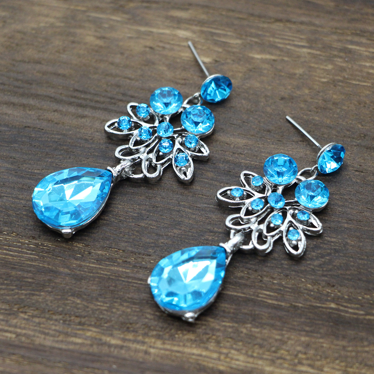 Silver Blue Teardrop Rhinestone Floral Necklace Earring Set Women Formal Wedding Banquet Sparkling Statement Jewelry - Image 3
