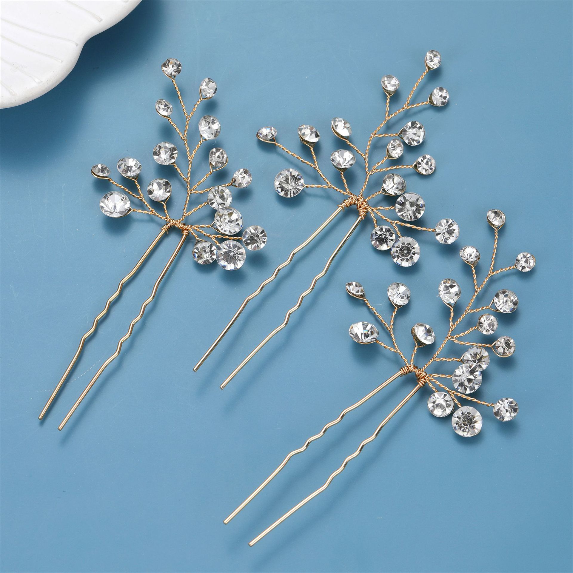 Gold Branch Crystal Bridal Hair Pins Set Wedding Women Sparkly Handmade Updo Formal Party Headpiece - Image 3