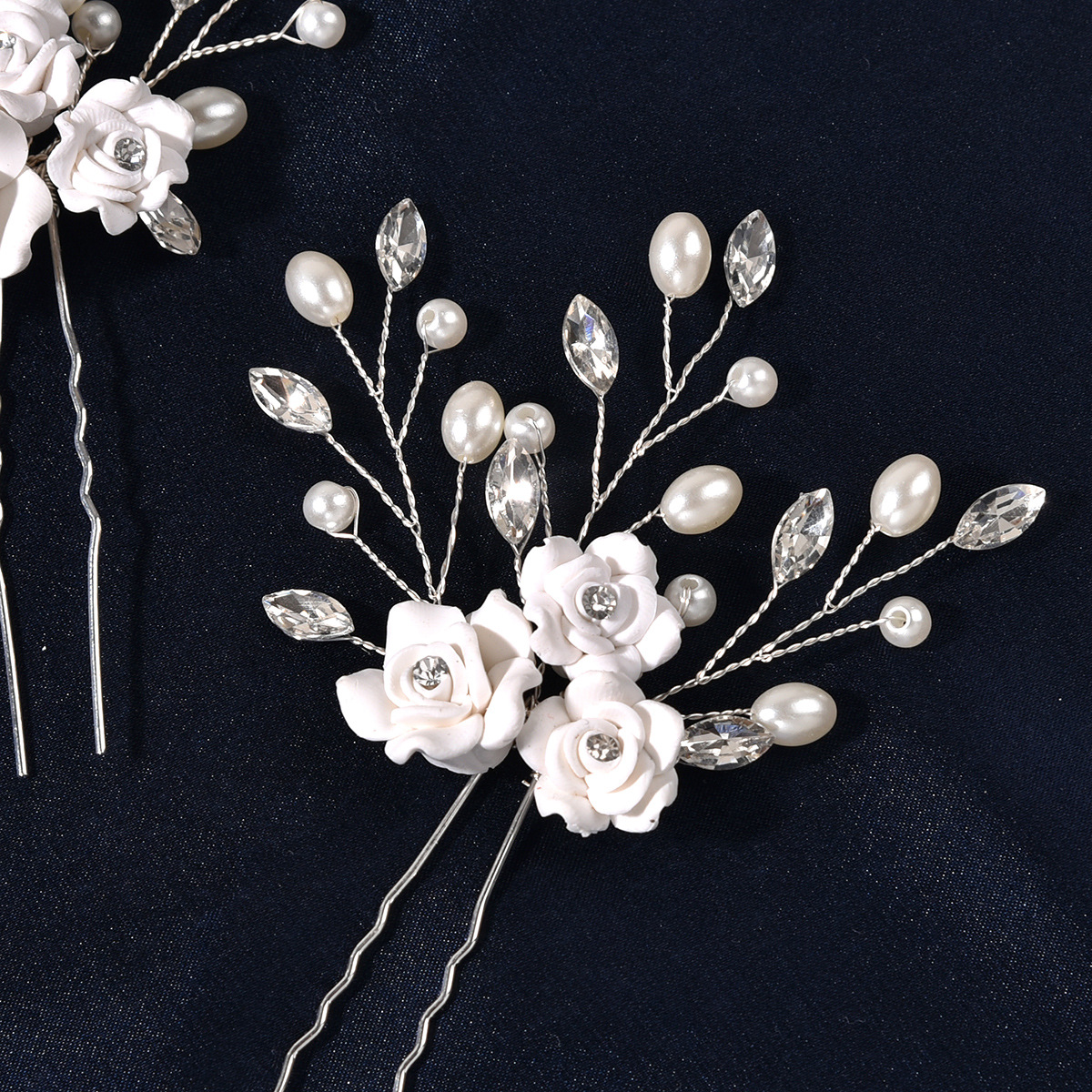 White Clay Flower Pearl Crystal Bridal Hair Pins Set for Wedding Party Elegant Updo Decor - Image 3