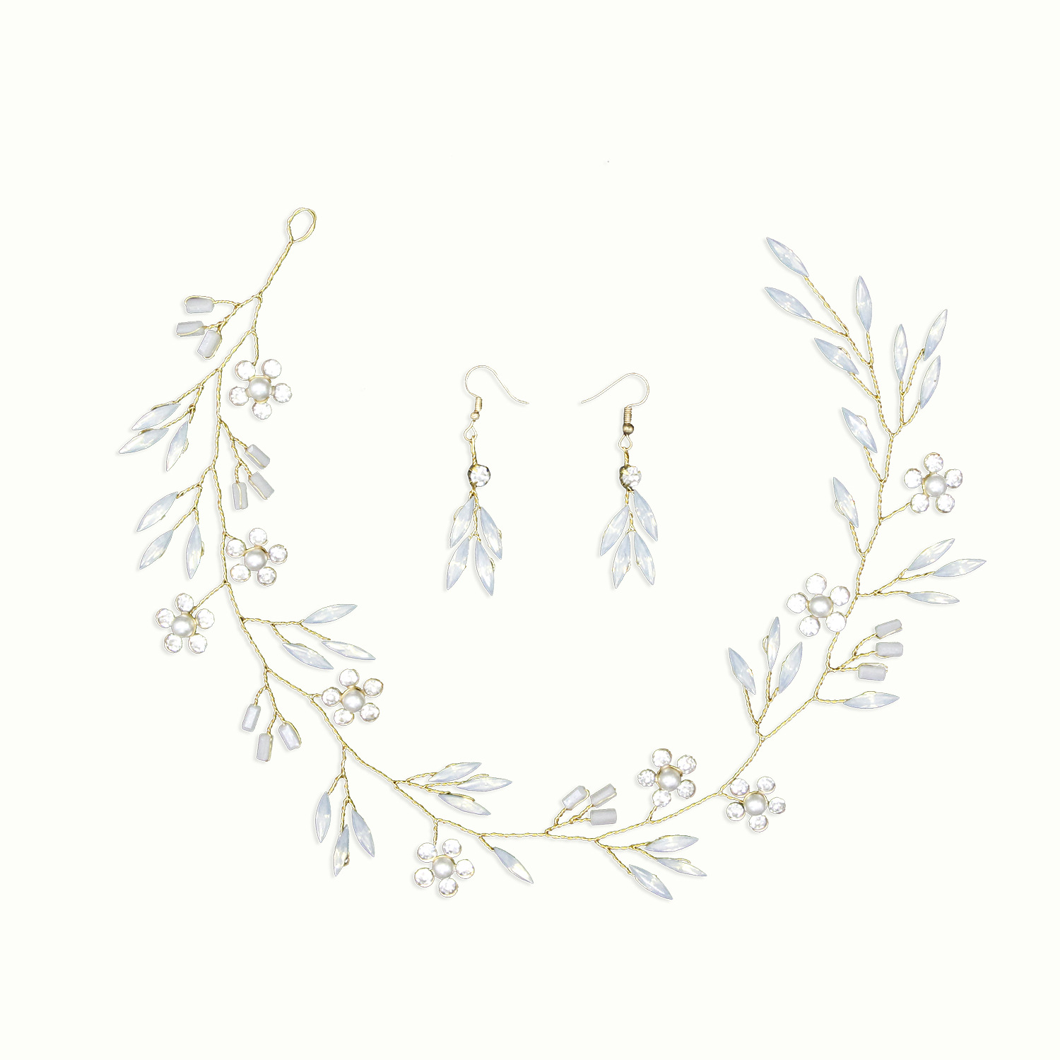 Gold Wire Leaf Pearl Bridal Headpiece Matching Drop Earrings Jewelry Set for Wedding Elegant Styling - Image 3