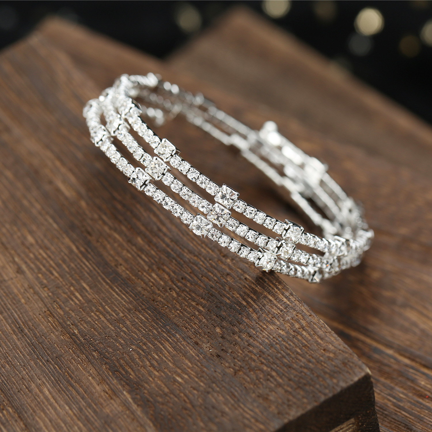 Multi Layer Silver Rhinestone Coil Bangle Sparkling Women Bracelet for Wedding Prom Formal Evening Party - Image 3